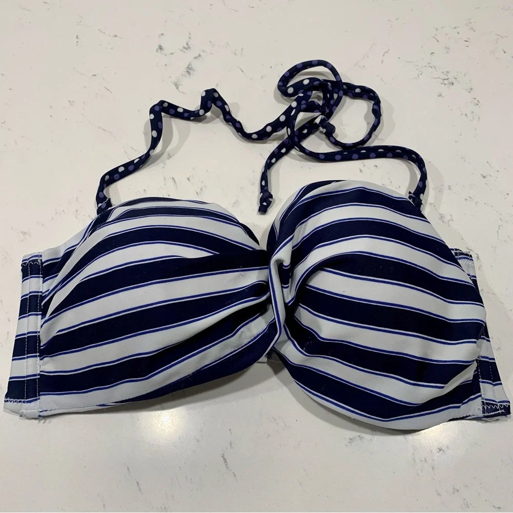 MARIE MEILI Striped Bikini Top Navy White Size Large Swim Beach Pool